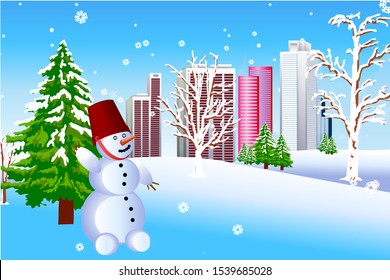 Snowman in the city park in the winter. Vector illustration about cold season.