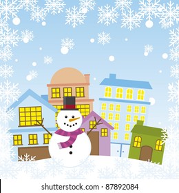 snowman in the city with snowflakes, christmas. vector