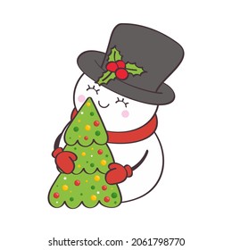 Snowman clipart black and white. Snowman wearing a hat and hugging a Christmas tree. Vector illustration of snowman for nursery room decor, posters, greeting cards and party invitations