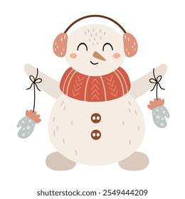 Snowman clipart, cute winter character. Christmas snowman clip art. Hand draw vector illustration in flat style