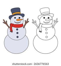 Snowman clipart, element, vector. Snowman Coloring Page. Trace and color Snowman. Fun Winter activity worksheets with snowman coloring pages printable for kids. 