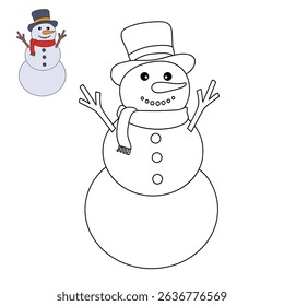 Snowman clipart, element, vector. Snowman Coloring Page. Trace and color Snowman. Fun Winter activity worksheets with snowman coloring pages printable for kids. 
