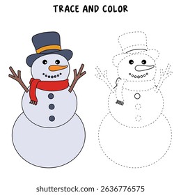 Snowman clipart, element, vector. Snowman Coloring Page. Trace and color Snowman. Fun Winter activity worksheets with snowman coloring pages printable for kids. 