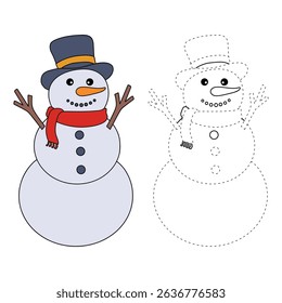 Snowman clipart, element, vector. Snowman Coloring Page. Trace and color Snowman. Fun Winter activity worksheets with snowman coloring pages printable for kids. 