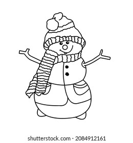 Snowman close-up on a white background. Contour drawing, vector graphics. Illustration for children for coloring.