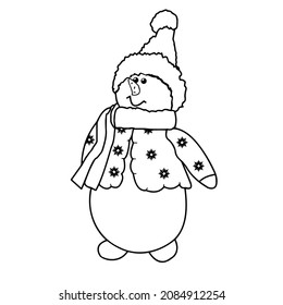 Snowman close-up on a white background. Contour drawing, vector graphics. Illustration for children for coloring.