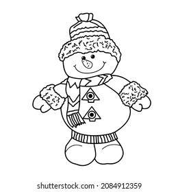 Hombre de nieve de fondo blanco. Dibujo de contorno, gráficos vectoriales. Ilustración para niños para colorear.