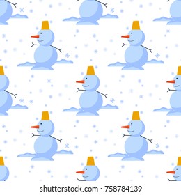 Snowman cold christmas season winter seamless pattern man in hat character xmas background holiday card vector illustration