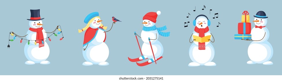 Snowman collection. Snowman set isolated on grey-blue background. Vector illustration for Christmas design. Snowman greeting. Funny snowmans. Cartoon vector set.