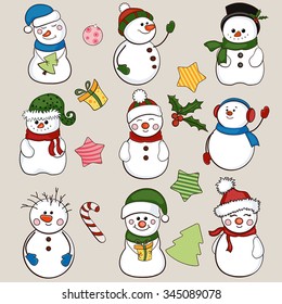 Snowman Collection. Snowman set isolated. Vector illustration for Christmas design. 