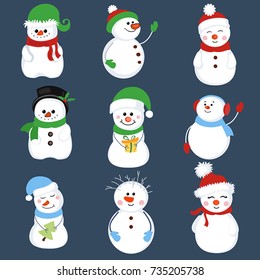 Snowman Collection. Snowman set isolated. Vector illustration for Christmas design.