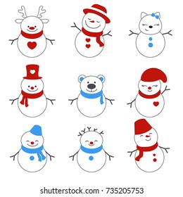 Snowman Collection. Snowman set isolated. Vector illustration for Christmas design.