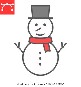 Snowman color line icon, merry christmas and xmas, snowman sign vector graphics, editable stroke filled outline icon, eps 10