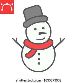 Snowman color line icon, merry christmas and xmas, snowman sign vector graphics, editable stroke filled outline icon, eps 10