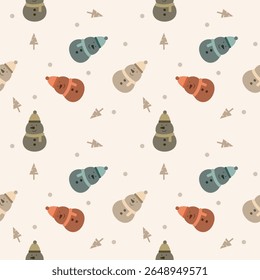 Snowman colorful cartoon so cute. On tree snow background. Pattern seamless vector illustration. 