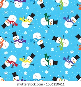 snowman with colorful scarf seamless pattern with blue background