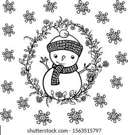 snowman coloring black and white illustration sketch page doodle postcard outline