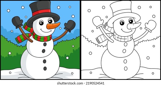 snowman Coloring Page Colored Illustration