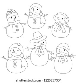 Snowman coloring page for kids. Funny snowman in different scarf and hat cartoon vector.