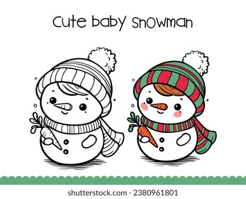 Snowman coloring page for kids. Vector illustration.