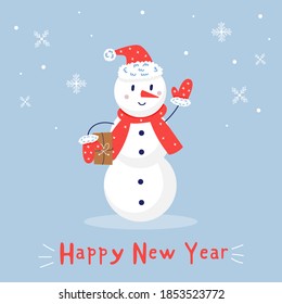 Snowman congratulates with a gift. Holiday cute elements. New year greeting card Happy