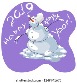 snowman congratulates happy new year drawn by hand on ultraviolet background
