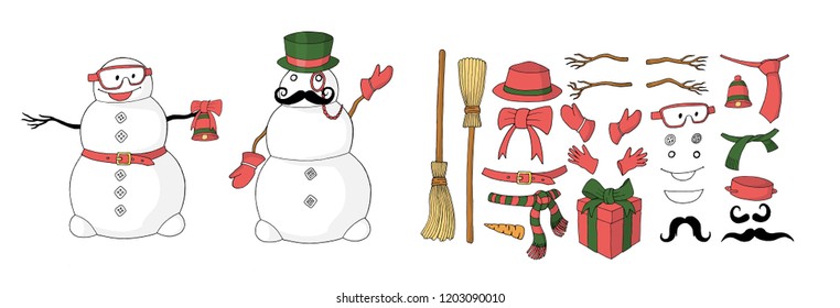 Snowman constructor parts for designing postcard in vector