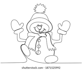 Snowman Continuous line drawn by a Christmas. New Year and Christmas in a modern minimalist style. Joyful Snowman for winter projects and self-drawing. Trendy Vector illustration.