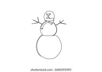 Schneemann in durchgehender einzeiliger Zeichnung. Einzeilige Kunstgrafik des Winterschneemanns. Bearbeitbarer Vektor.