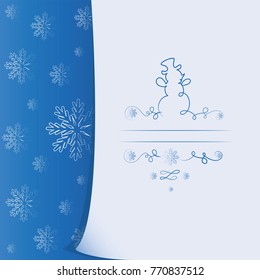 Snowman contour, snowflakes. Design for Christmas or New Year banner, poster, postcard, invitation card with space for text. Drawing by hand.
