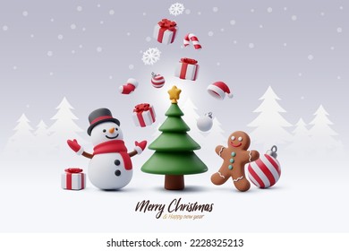 Snowman and cookie celebrate new year party with Christmas tree, Merry Christmas and happy new year greeting concept. Eps 10 Vector.