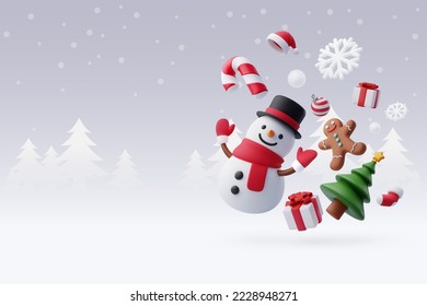 Snowman and cookie celebrate new year party with Christmas tree, Merry Christmas and happy new year greeting concept. Eps 10 Vector.