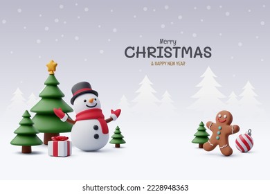 Snowman y galletas celebran fiesta de año nuevo con el árbol de Navidad, Feliz Navidad y feliz concepto de saludo de año nuevo. Vector Eps 10.