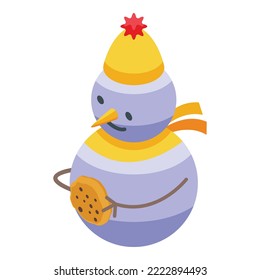 Snowman with cookie icon isometric vector. Winter snow. Cute scarf