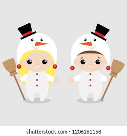 Snowman costume.Cute kids wearing Christmas costumes. Set of Christmas characters. Vector illustration