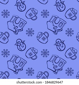 Snowman and cosy cup on blue backdrop. Christmas seamless pattern for wallpaper, wrap paper, sleeper, bath tile, apparel or bed linen. Phone case or cloth print. Flat style stock vector illustration