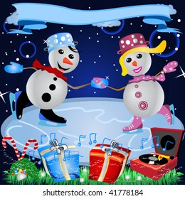 Snowman couple dancing on ice with decorations and a space for a banner.