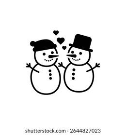 Casal de boneco de neve com corações para um romance de inverno