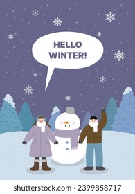 Snowman and couple vector illustration in winter landscape