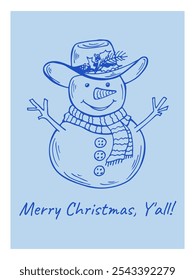 Snowman in a cowboy hat and scarf holiday card. Western Christmas hand drawn line art vector illustration.