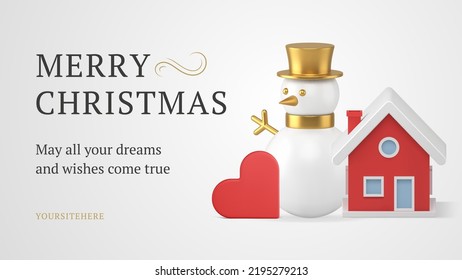 Snowman cozy hut romantic heart Merry Christmas web banner template realistic 3d icon vector illustration. Happy New Year congratulations December traditional holiday eve celebration poster