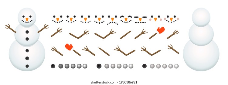 Snowman creation, constructor. A large set of faces, hands, stones, and snow circles. Isolated on white background