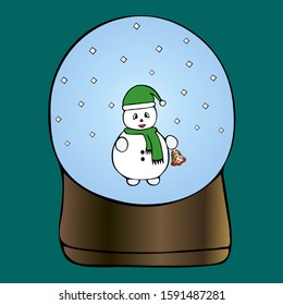 Snowman in a crystal ball. Colored vector illustration. Isolated green background. Cartoon style. Magic Crystal. Bell ringing. Christmas. New Year. Confetti. Fabulous character. Festive print.