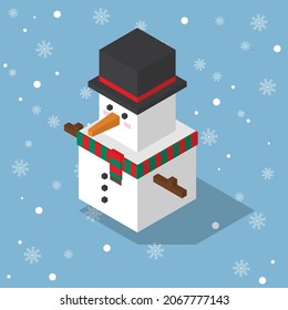 snowman cubic isometric wear green and read pattern scarf on falling snow flake blue background