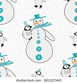 Snowman cuddles baby penguin plus skating emperor chick. Seamless vector pattern background. Blue white winter scene backdrop with snowball texture. Fun hand drawn cartoon geometric all over print