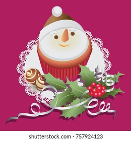 Snowman. Cupcake with chocolate sweets and Christmas branch of holly. Composition on a lace napkin. Design for Christmas greetings, menu decoration, banners, posters.