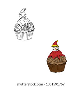 Snowman Cupcake vector illustration in color and outline sketch style