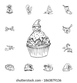 Snowman Cupcake vector illustration in color and outline sketch style on white background
