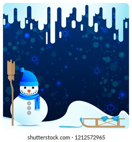Snowman with cute broom vector illustration, in snow, cartoon card design , happy new year card, merry christmas , holiday vacation illustration