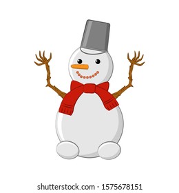 Snowman. Cute snowman with a bucket on his head and a red scarf.Isolated on white background